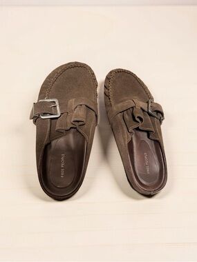 Free People Brown Suede Slip-On Loafers with Buckle & Fringe
